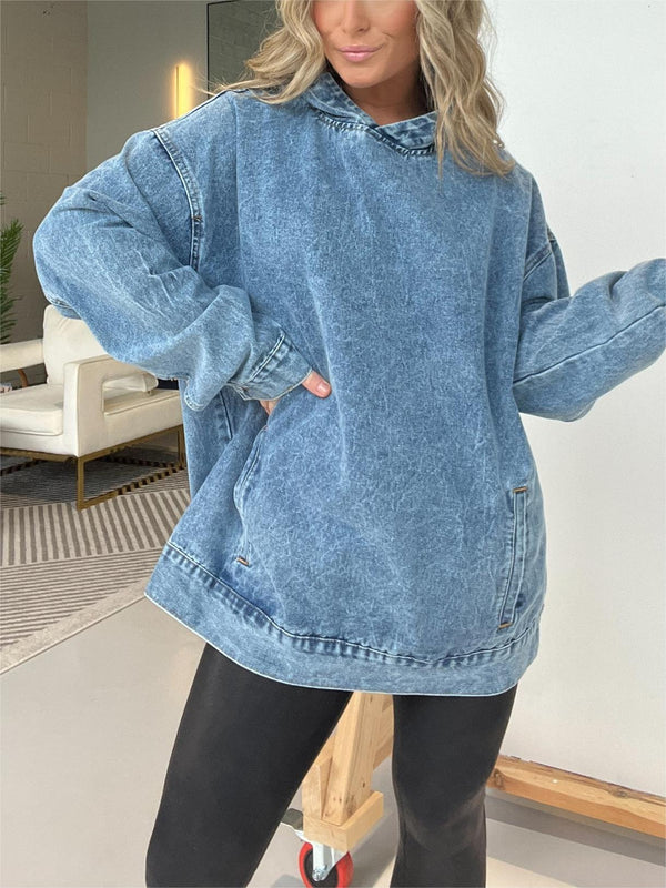 New Denim Hooded Sweatshirt with Front Pockets (Buy 2 Free Shipping)