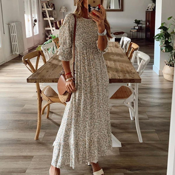 Smocked Floral Print Maxi Dress