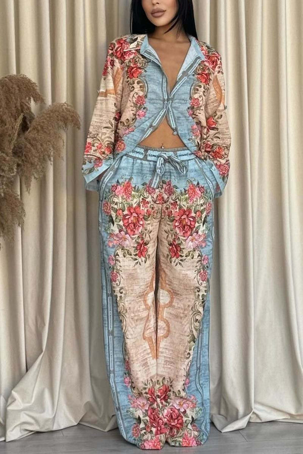 Women's Casual Contrast Print Pants Suit