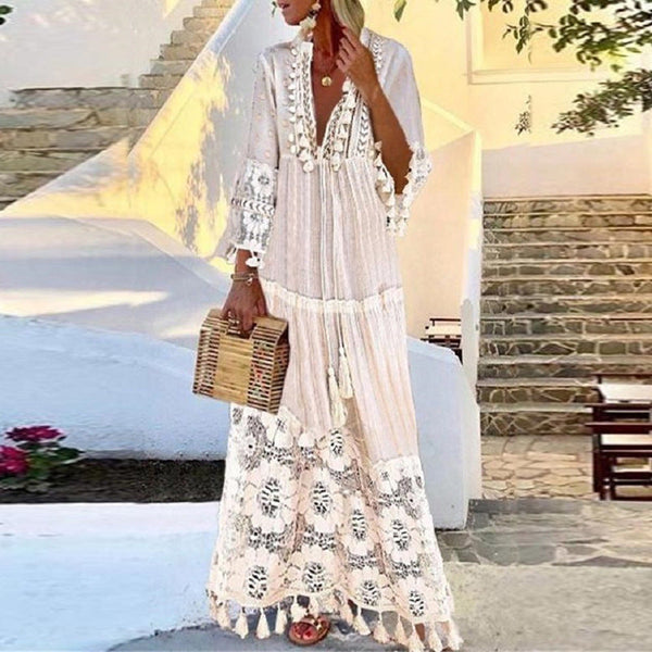 Boho Bell Sleeve Lace Tassel Maxi Dress