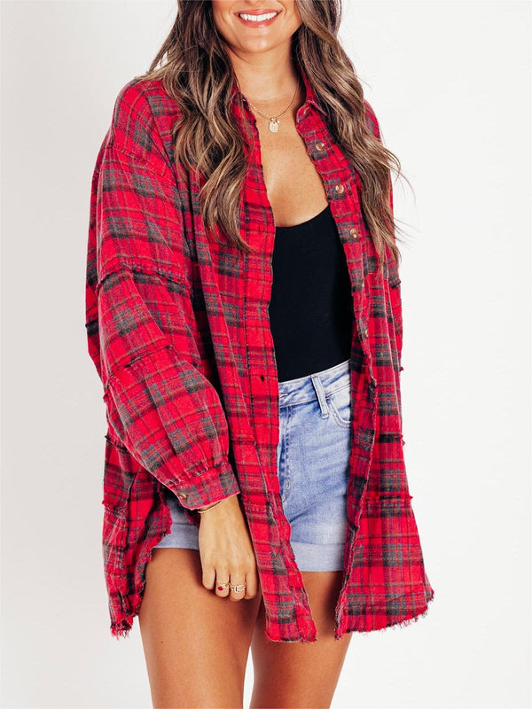 Women's Mineral Washed Button Down Plaid Flannel Shirt (Buy 2 Free Shipping)