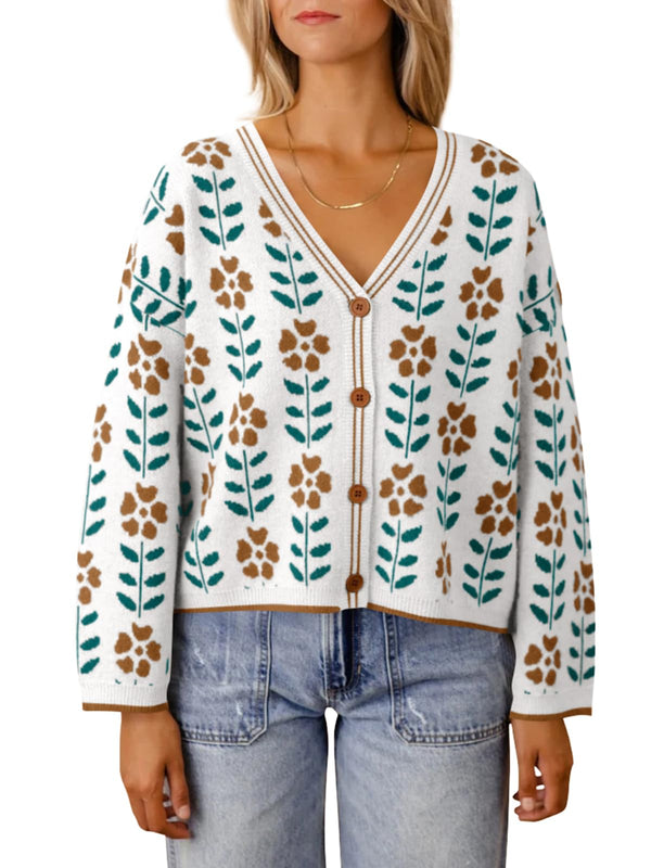 Women's V Neck Floral Print Sweater Cardigan (Buy 2 Free Shipping)