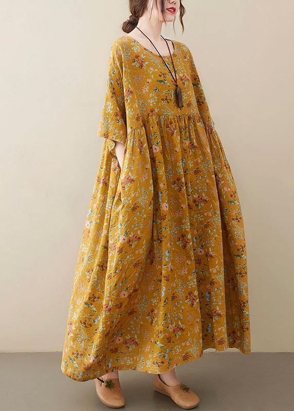 Natural  light Yellow O-Neck Pockets Print Summer Sundress