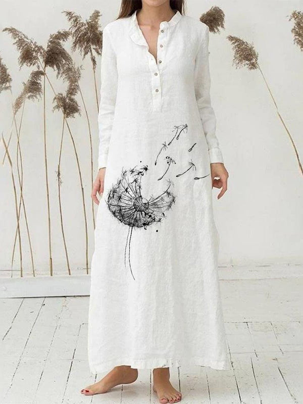 Women's White Floral Print V Neck Long Sleeve Dress