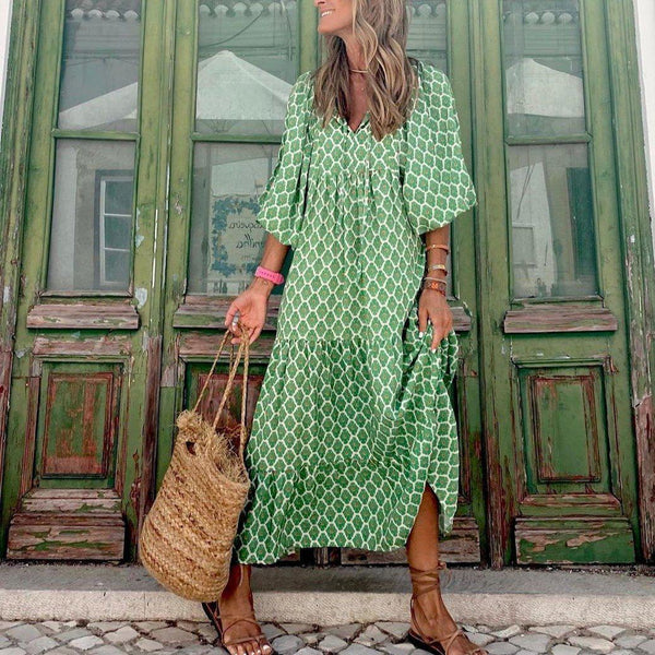 Green Diamond Red Dots Print Maxi Dress