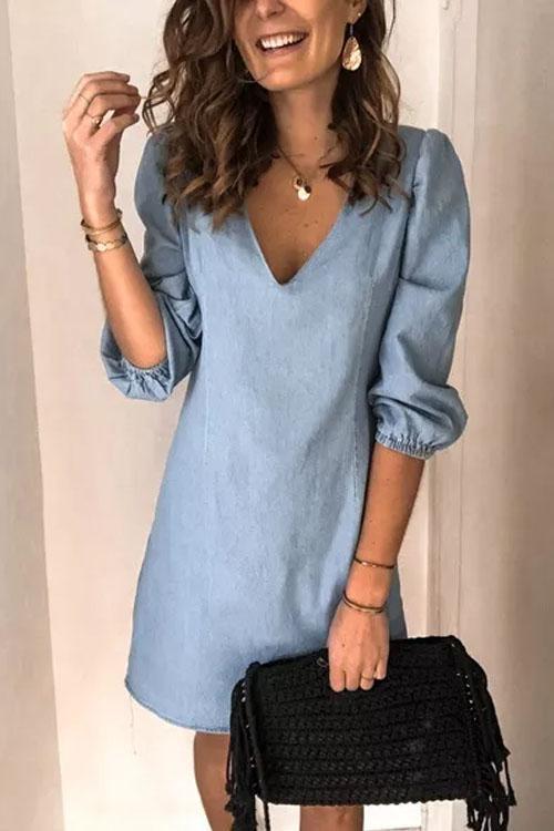 Puff Sleeve Simple Denim Dress