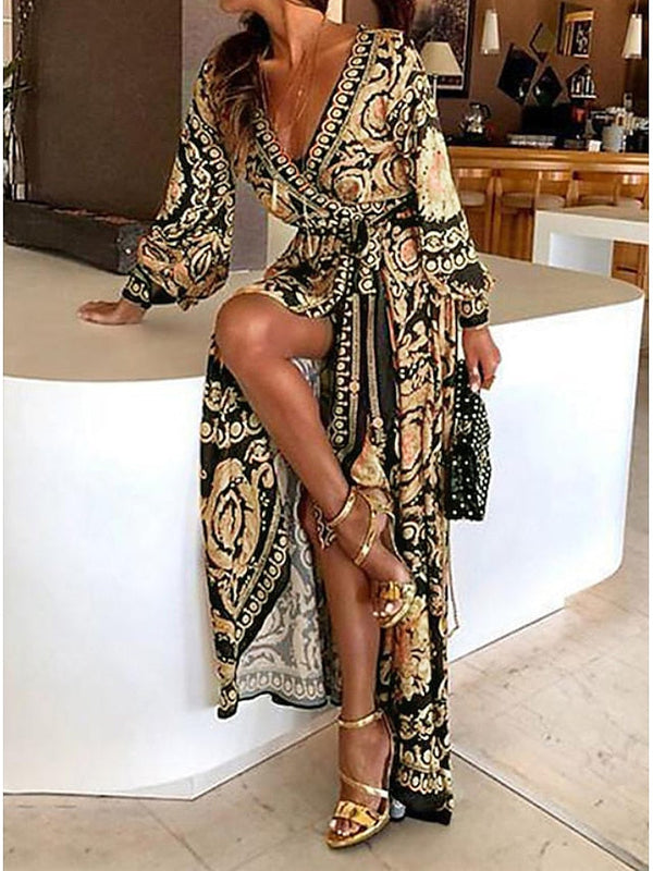 Women's Casual Dress Long Sleeve Boho Dress Wrap Dress Maxi long Dress Yellow Blue Gray Long Sleeve Floral Lace up Spring V Neck Bohemia Fall Dress