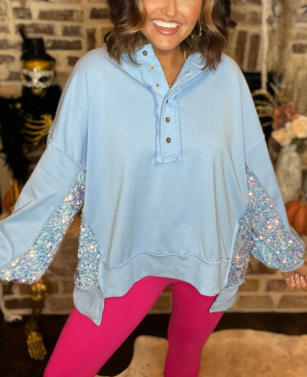 New Sequin Colorblock Henley Sweatshirt (Buy 2 Free Shipping)