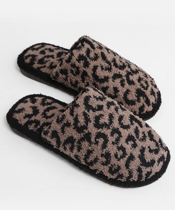 Fuzzy Leopard Microfiber Slippers - Coffee